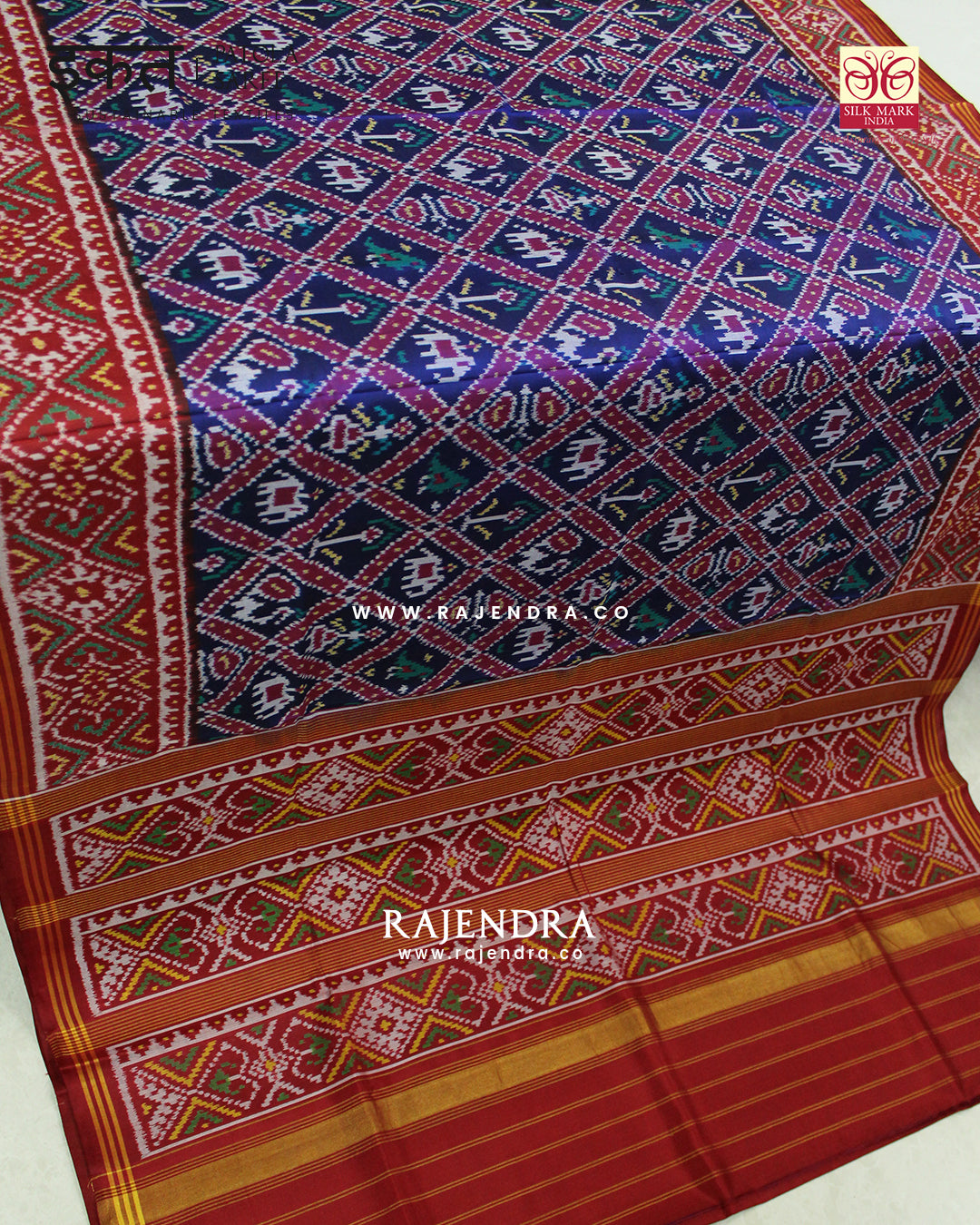 Traditional Hathi Popat Design Red and Blue Semi Double Ikat Rajkot Patola Saree