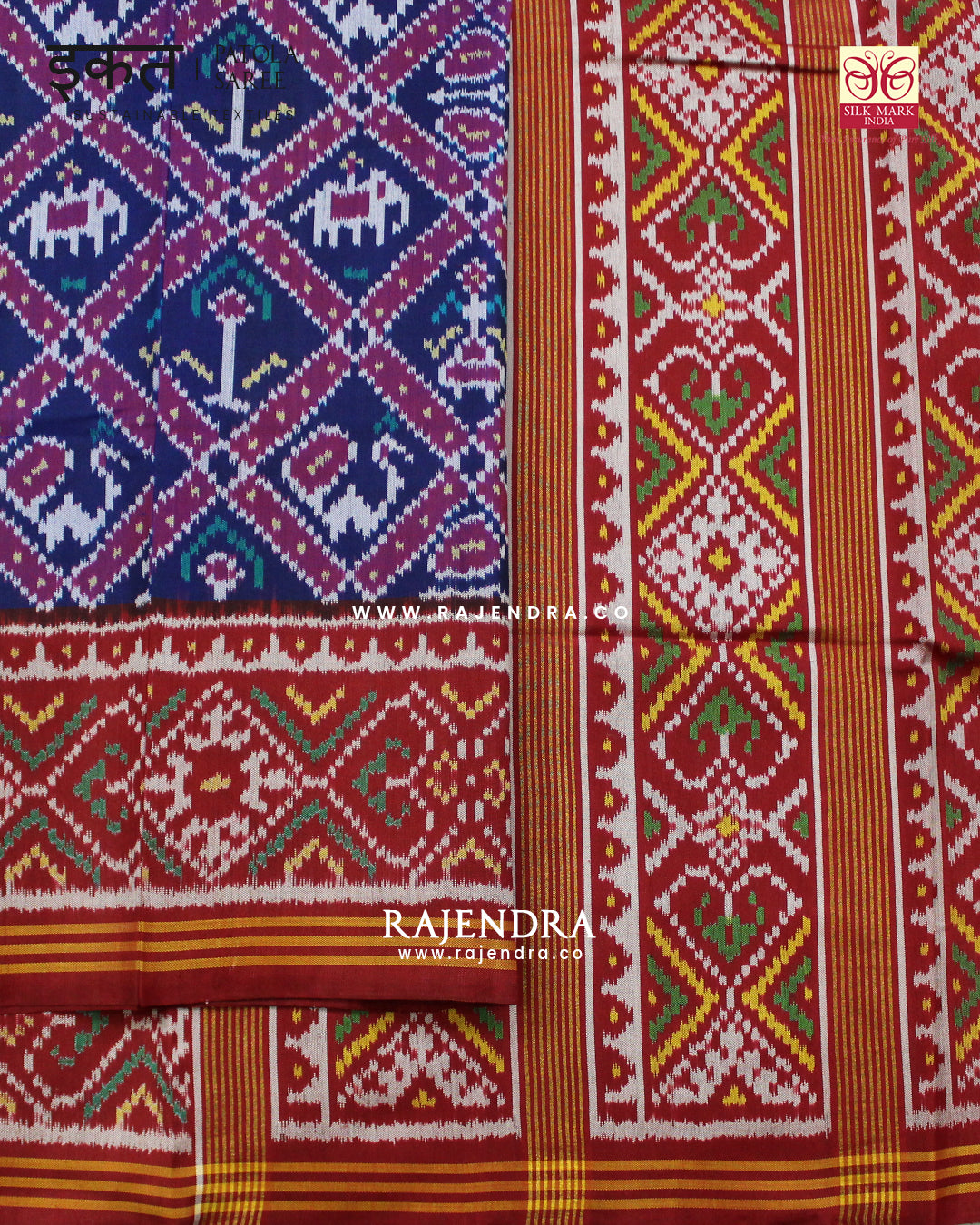 Traditional Hathi Popat Design Red and Blue Semi Double Ikat Rajkot Patola Saree