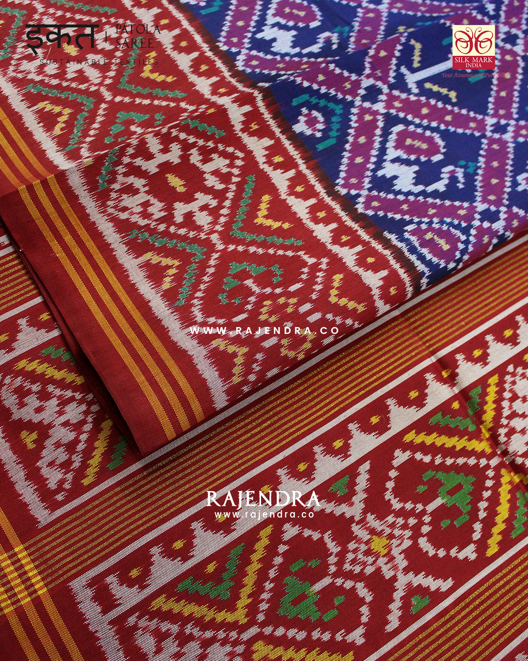 Traditional Hathi Popat Design Red and Blue Semi Double Ikat Rajkot Patola Saree