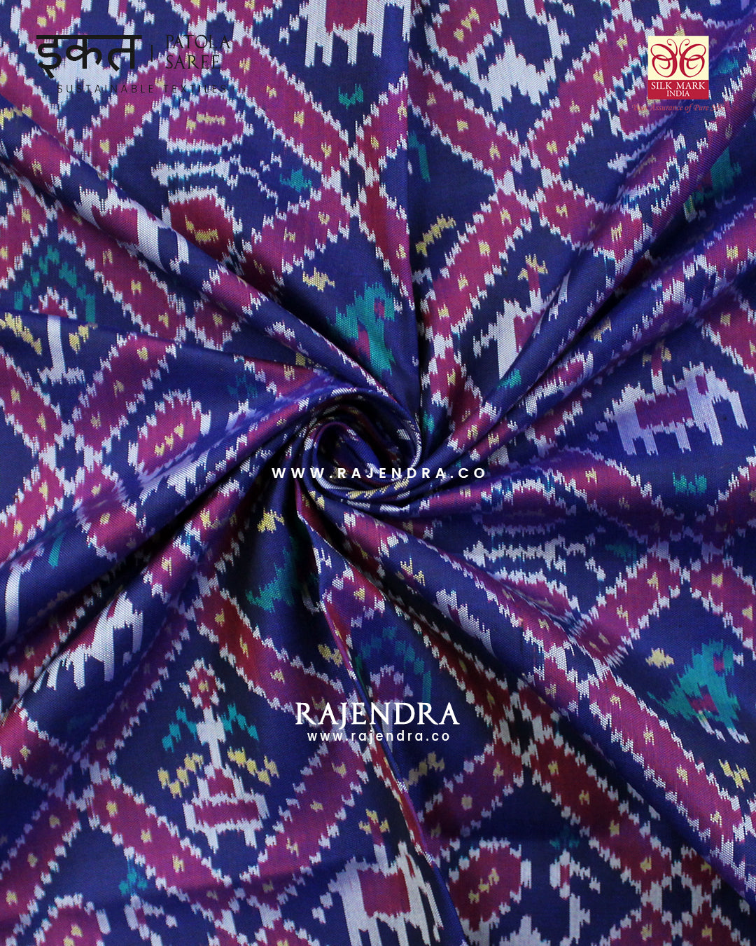 Traditional Hathi Popat Design Red and Blue Semi Double Ikat Rajkot Patola Saree