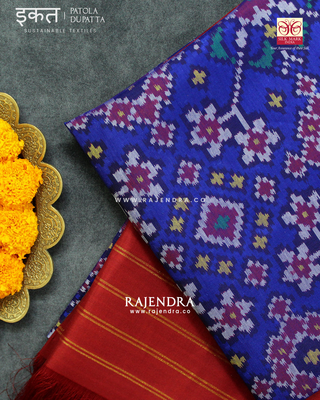 Traditional Navratna Red and Blue Semi Double Ikat Rajkot Patola Dupatta
