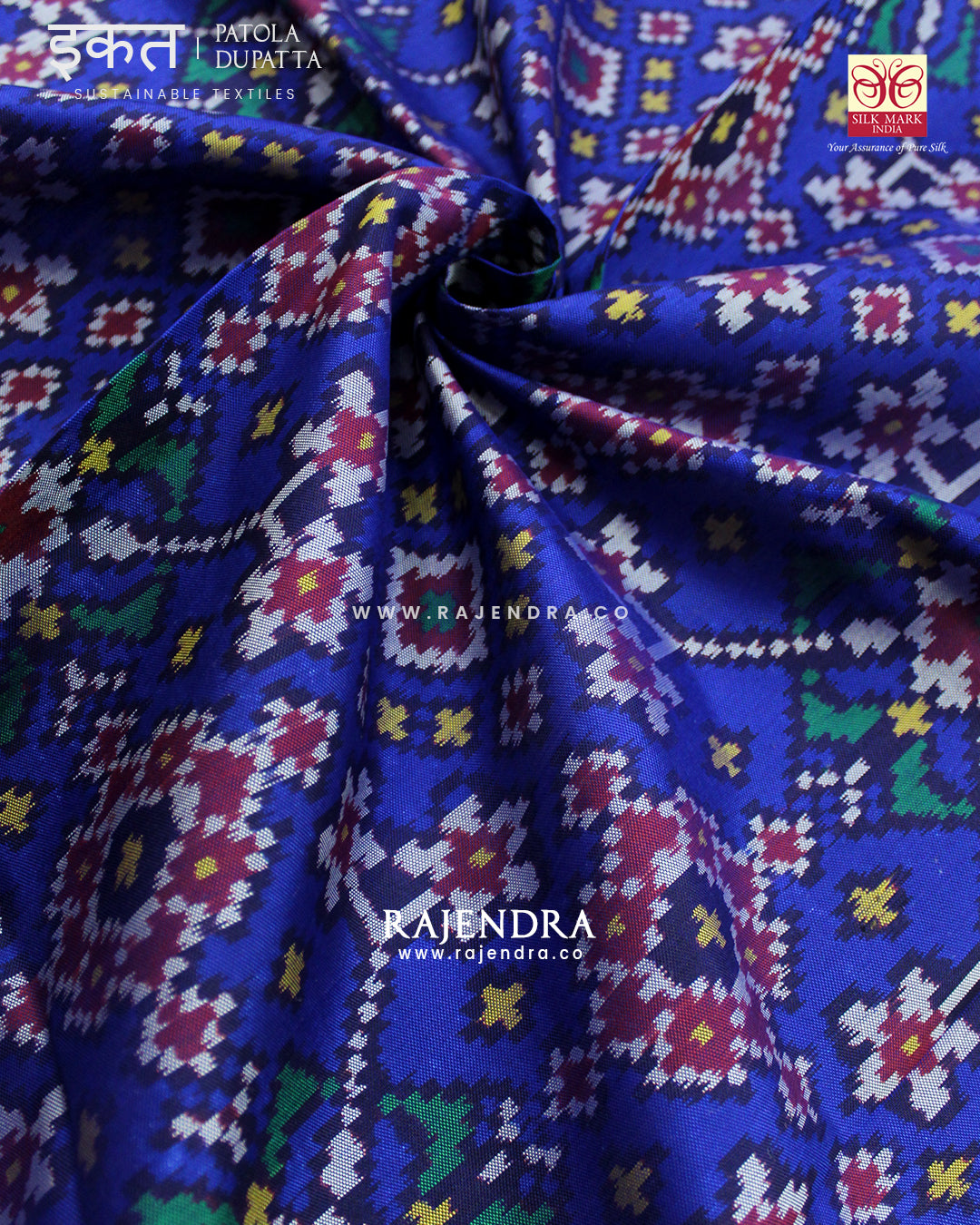 Traditional Navratna Red and Blue Semi Double Ikat Rajkot Patola Dupatta