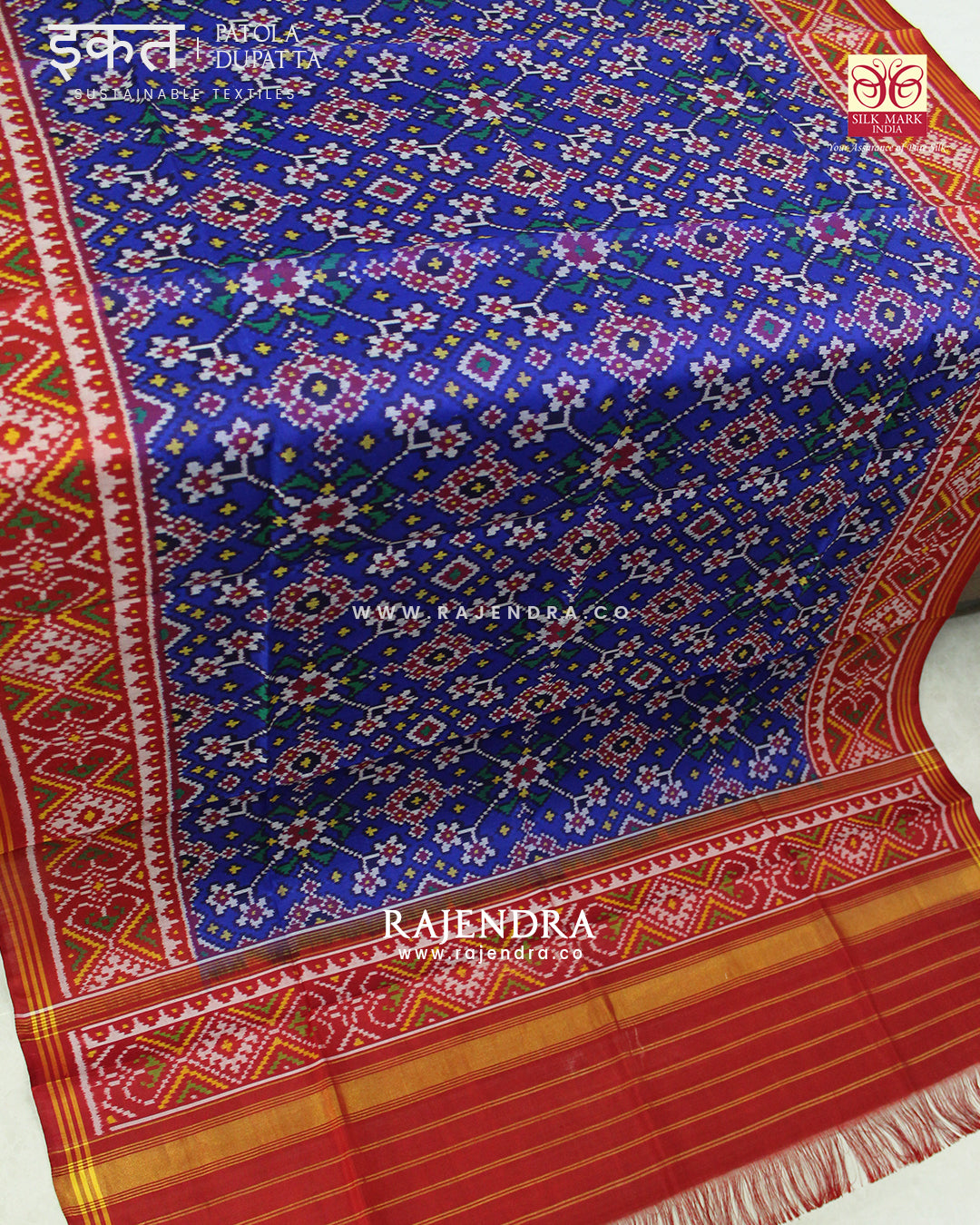 Traditional Navratna Red and Blue Semi Double Ikat Rajkot Patola Dupatta