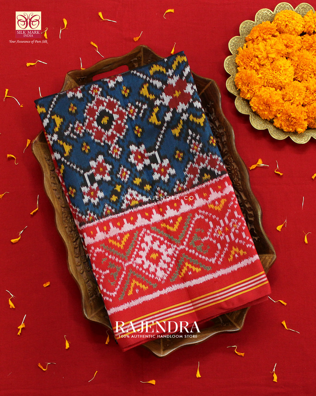 Traditional Navratna Design Red and Blue Ikat Rajkot Patola Saree