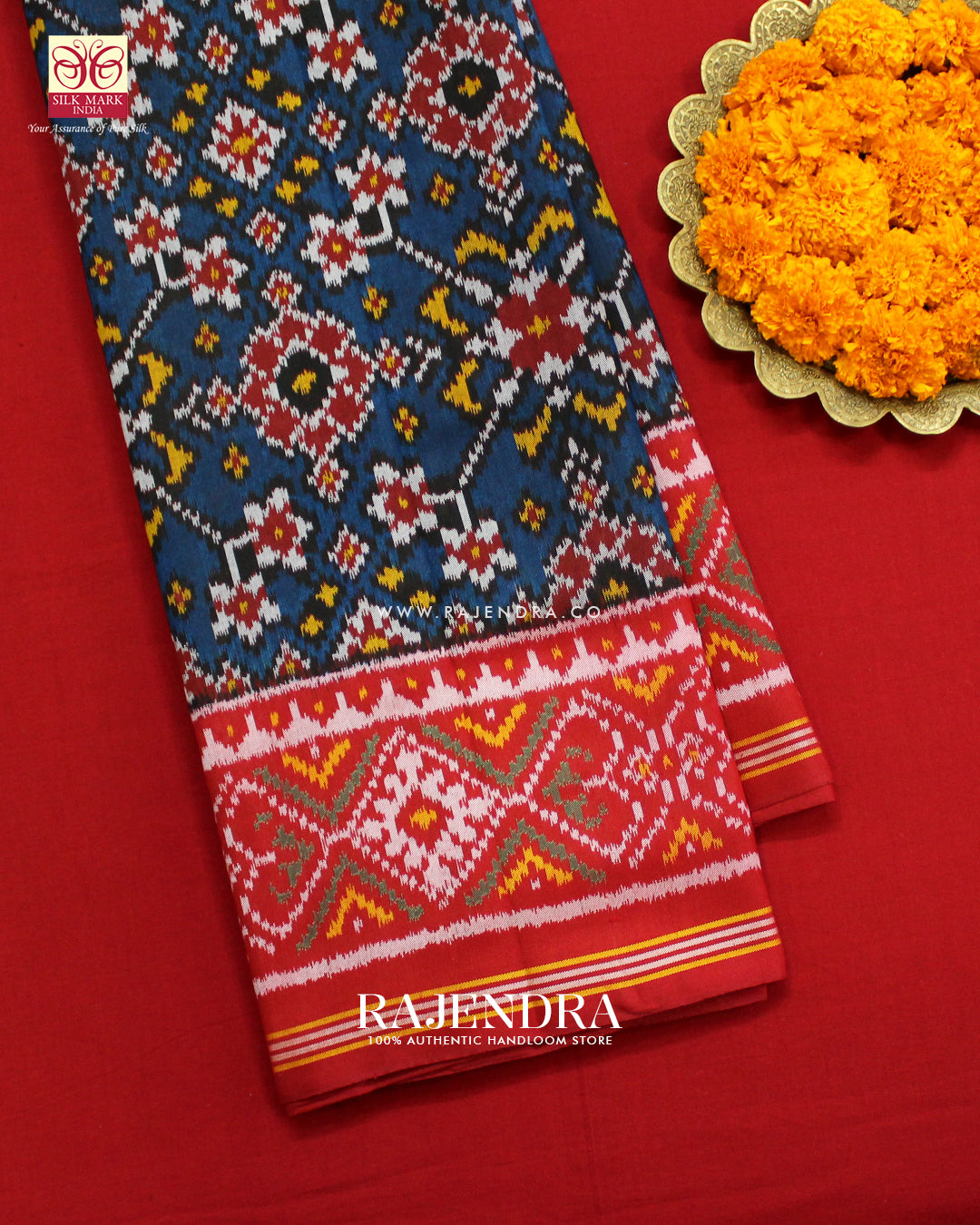 Traditional Navratna Design Red and Blue Ikat Rajkot Patola Saree