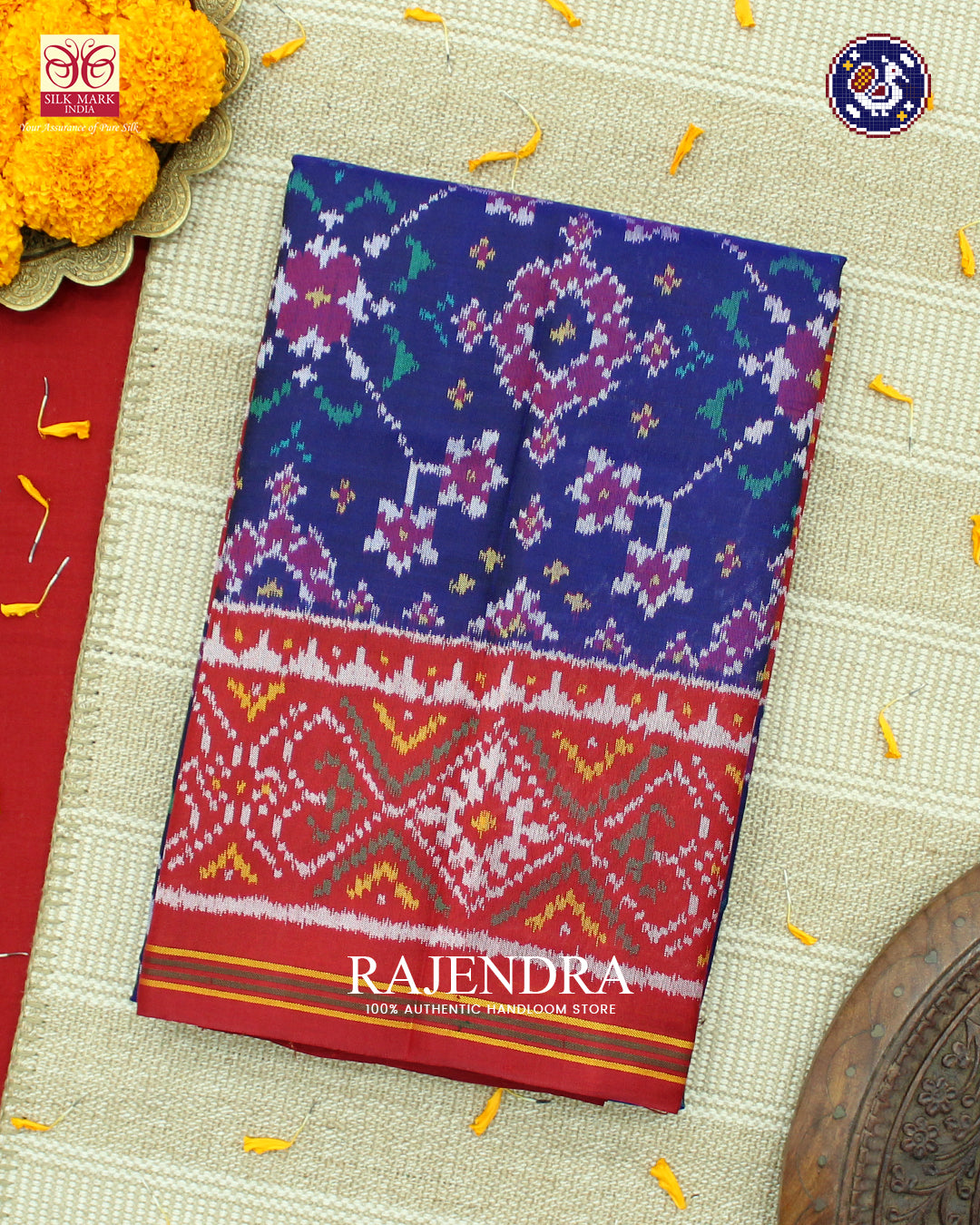 Traditional Navratna Design Red and Blue Ikat Rajkot Patola Saree