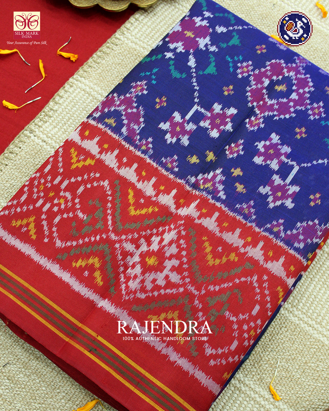 Traditional Navratna Design Red and Blue Ikat Rajkot Patola Saree
