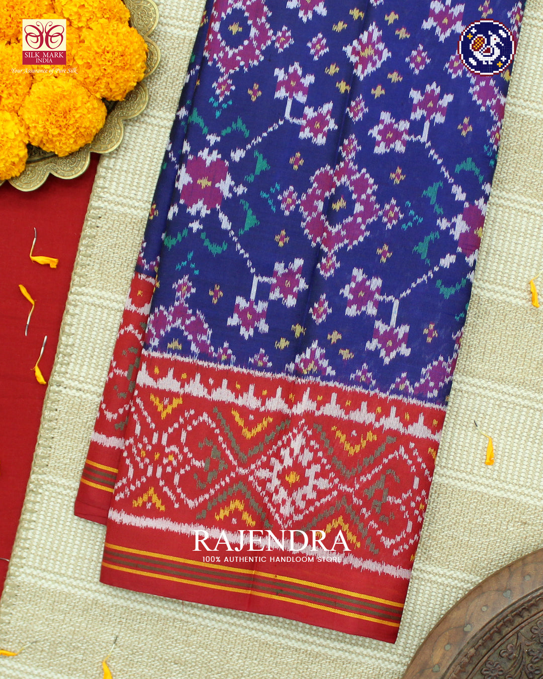Traditional Navratna Design Red and Blue Ikat Rajkot Patola Saree