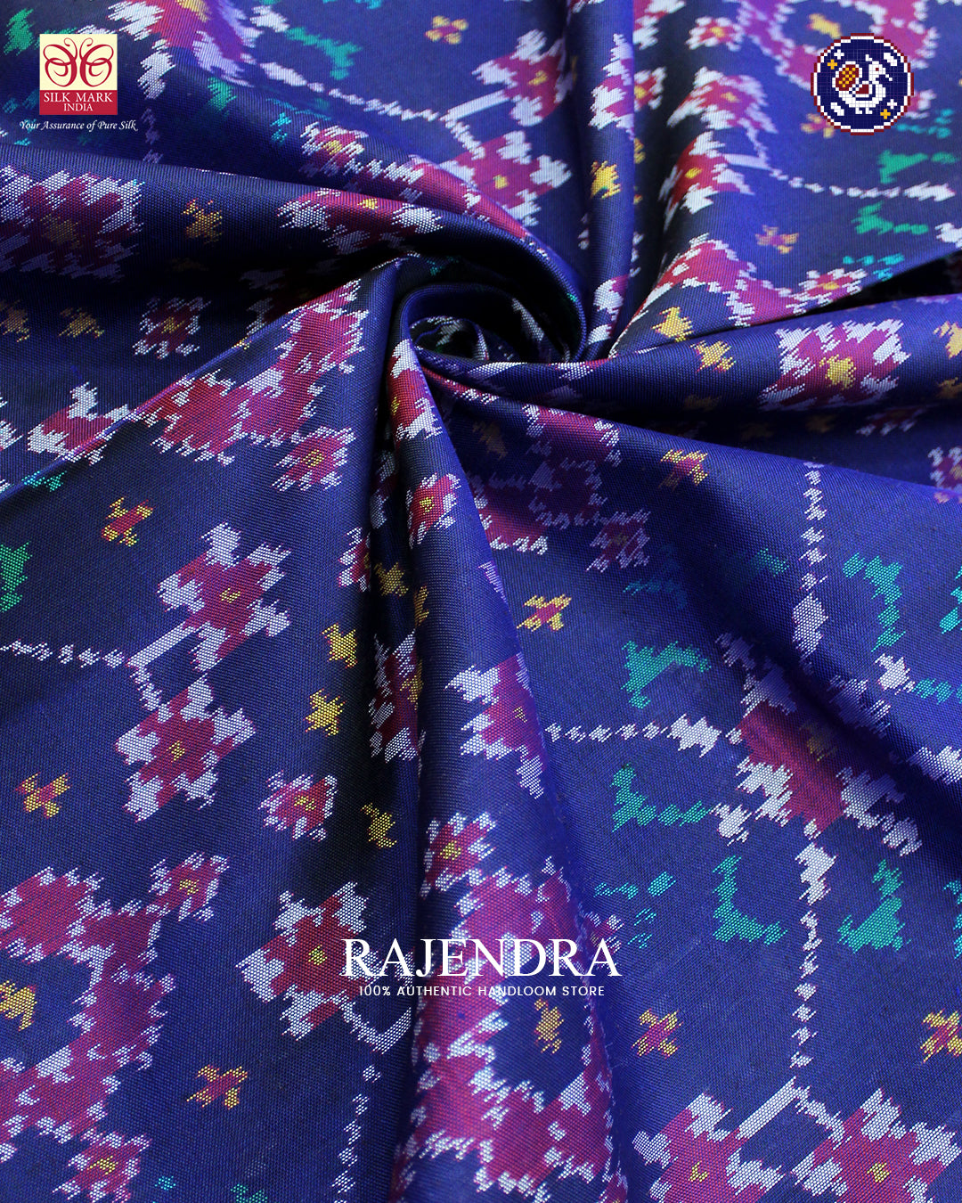 Traditional Navratna Design Red and Blue Ikat Rajkot Patola Saree