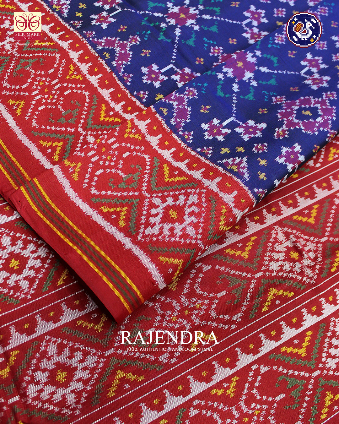 Traditional Navratna Design Red and Blue Ikat Rajkot Patola Saree