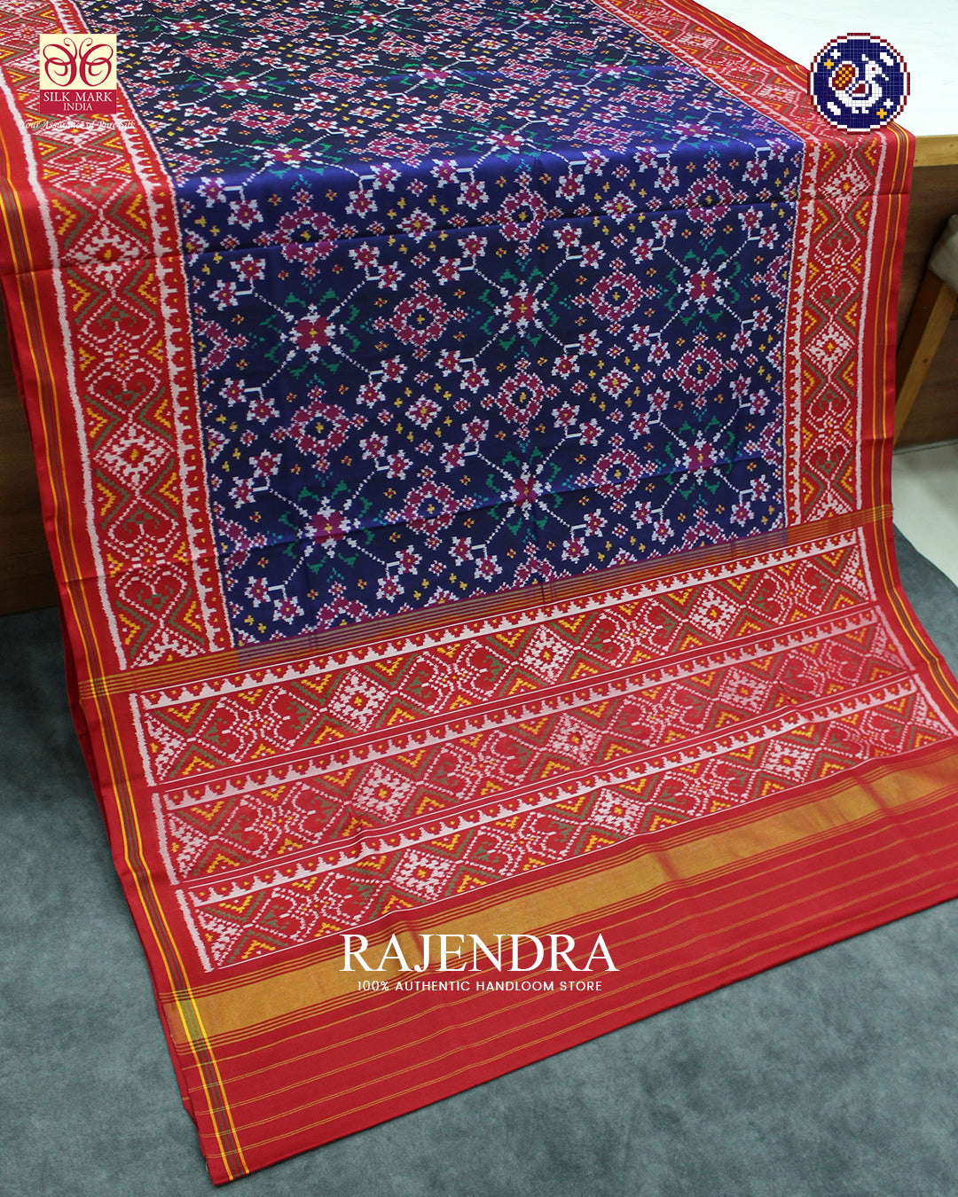 Traditional Navratna Design Red and Blue Ikat Rajkot Patola Saree