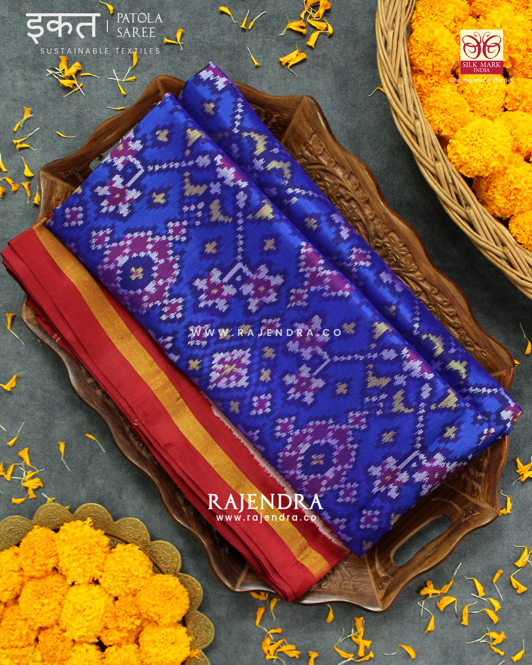 Traditional Navratna Red and Blue Single Ikat Rajkot Patola Saree