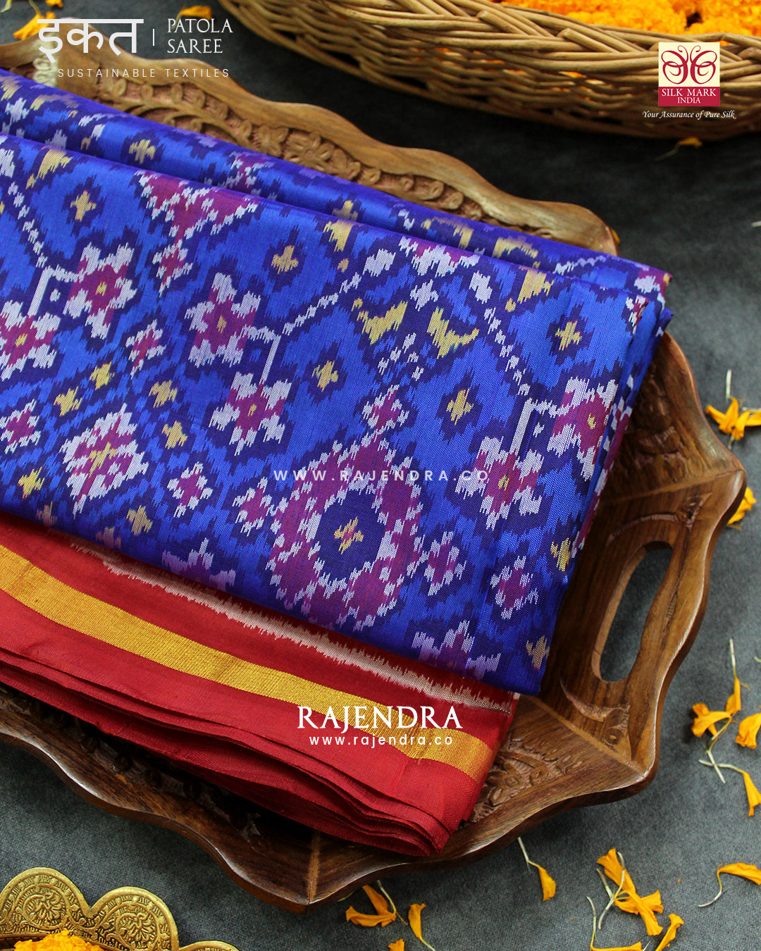 Traditional Navratna Red and Blue Single Ikat Rajkot Patola Saree