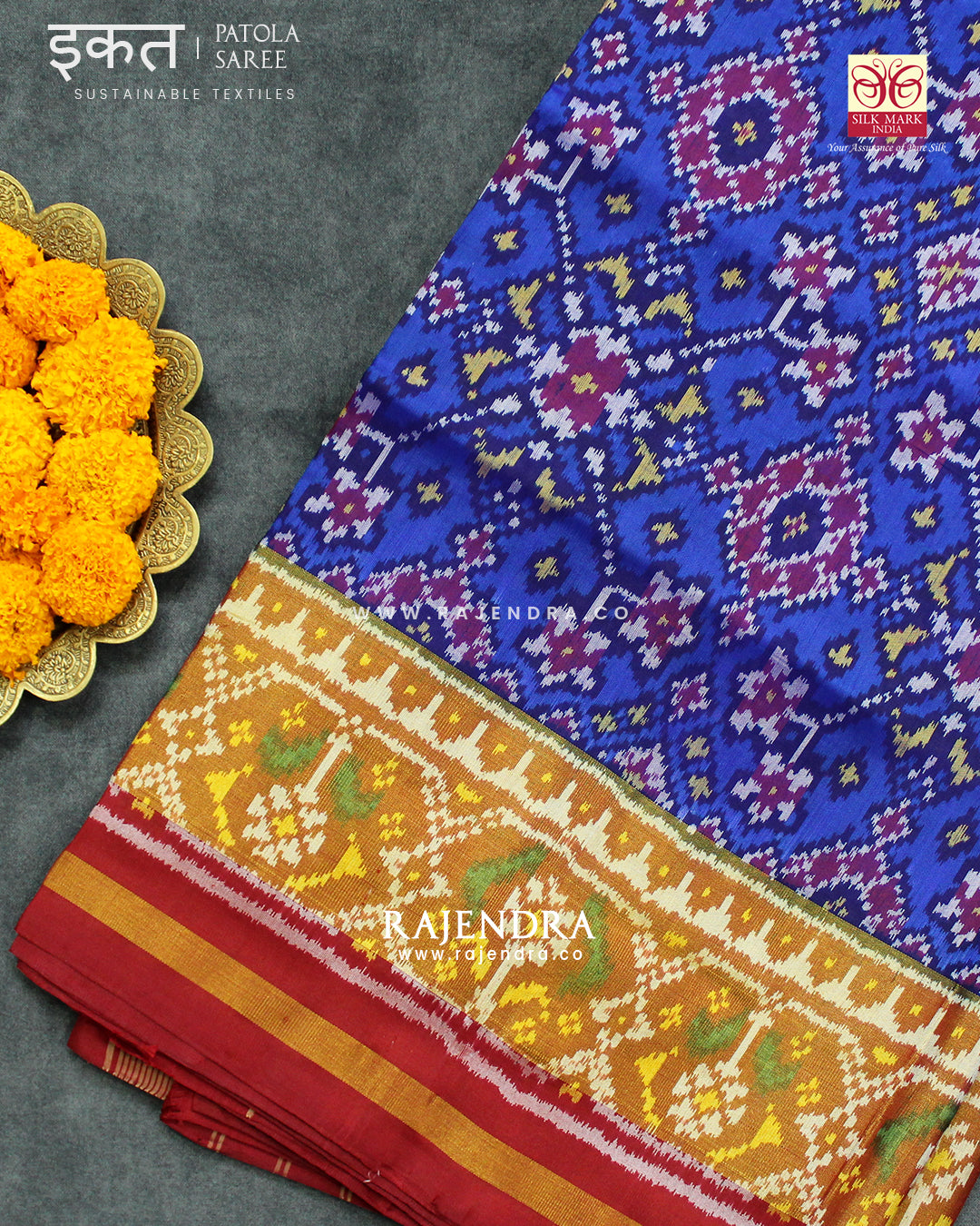 Traditional Navratna Red and Blue Single Ikat Rajkot Patola Saree