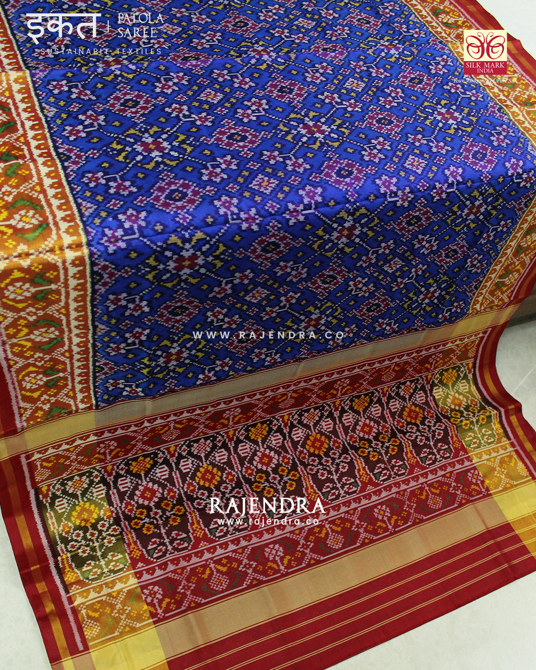 Traditional Navratna Red and Blue Single Ikat Rajkot Patola Saree