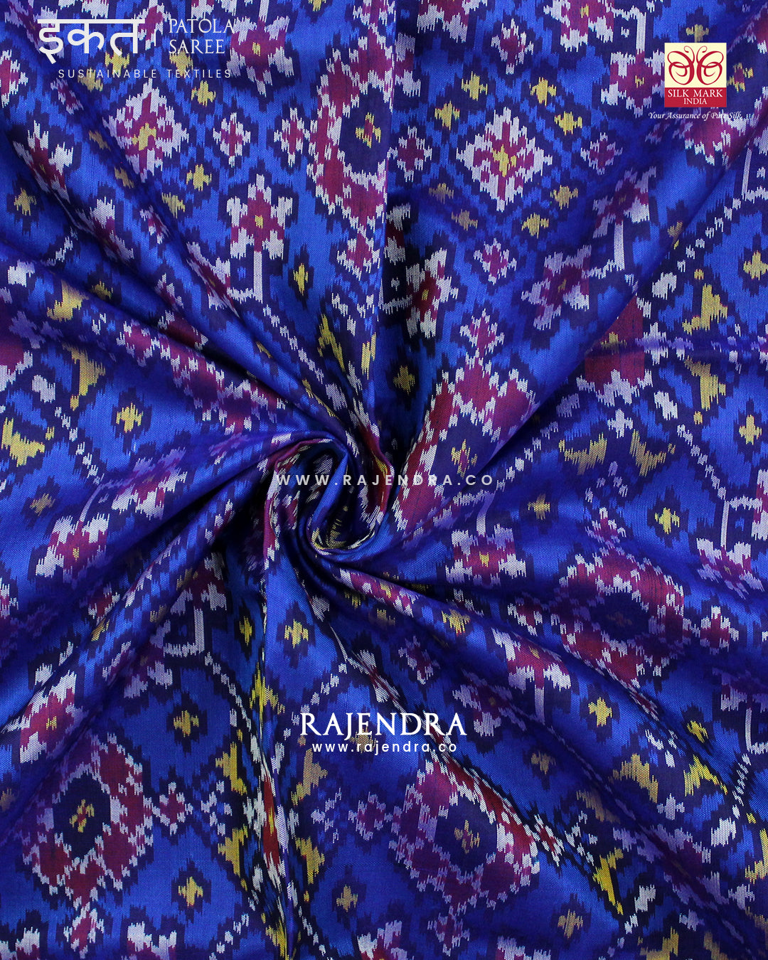 Traditional Navratna Red and Blue Single Ikat Rajkot Patola Saree