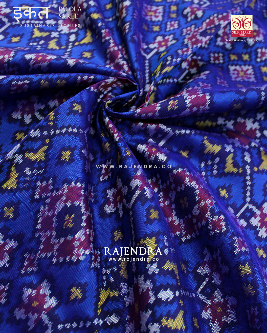 Traditional Navratna Red and Blue Single Ikat Rajkot Patola Saree