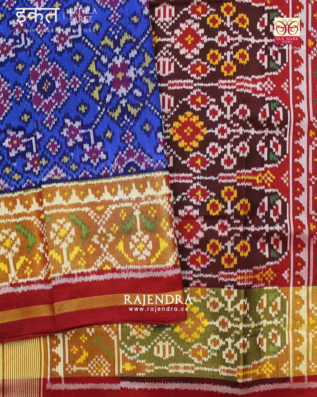 Traditional Navratna Red and Blue Single Ikat Rajkot Patola Saree