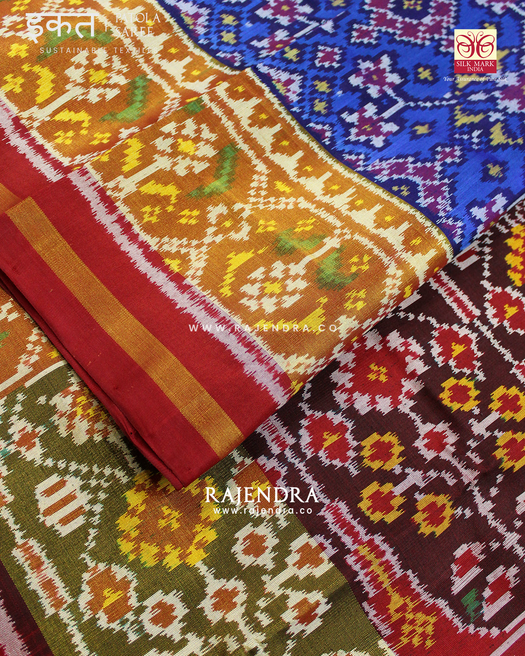 Traditional Navratna Red and Blue Single Ikat Rajkot Patola Saree