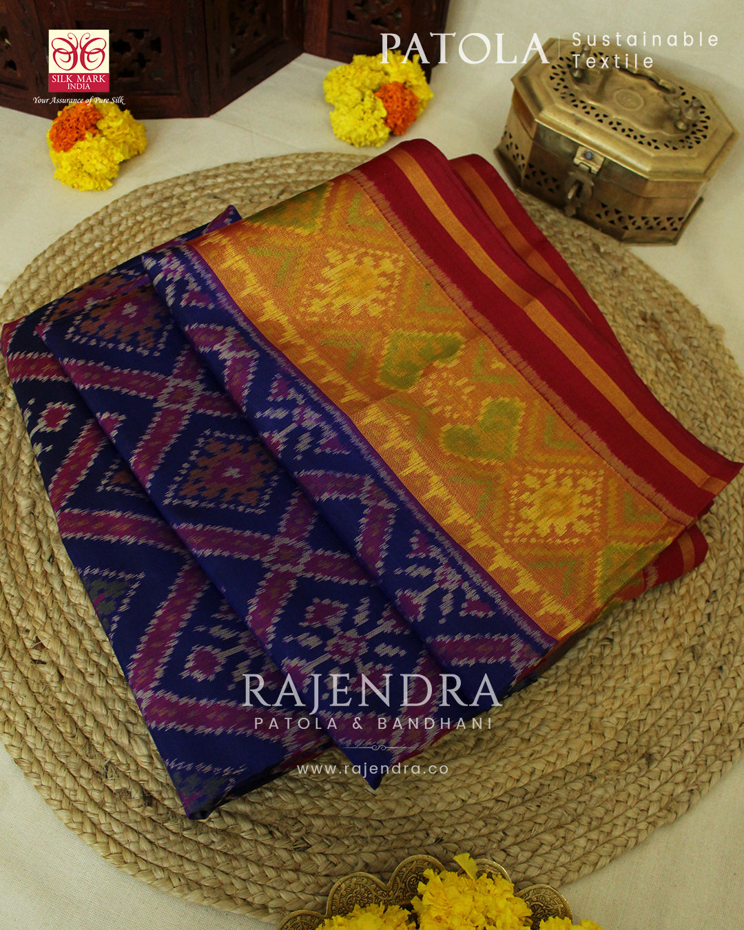 Traditional Chandabhat Red and Blue Single Ikat Rajkot Patola Saree