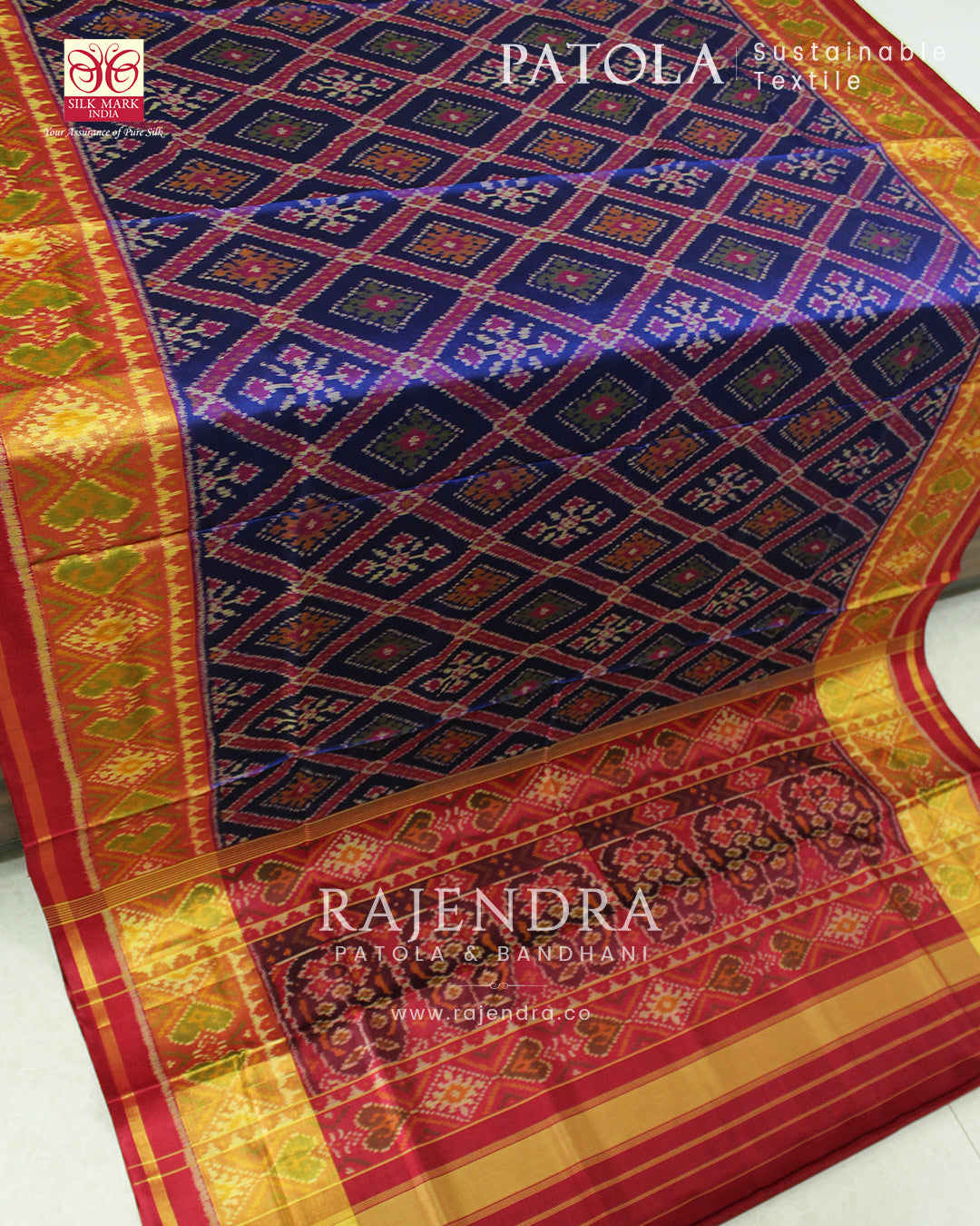 Traditional Chandabhat Red and Blue Single Ikat Rajkot Patola Saree