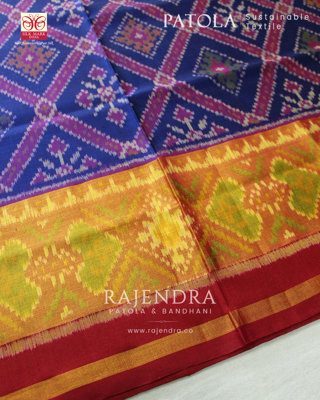 Traditional Chandabhat Red and Blue Single Ikat Rajkot Patola Saree