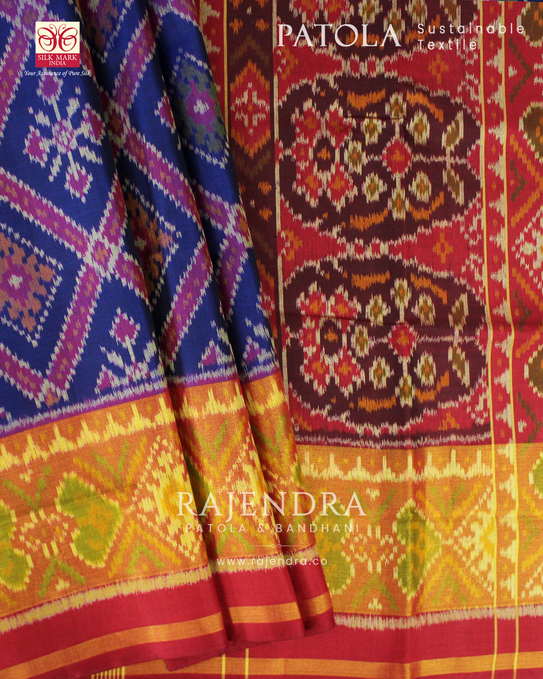 Traditional Chandabhat Red and Blue Single Ikat Rajkot Patola Saree