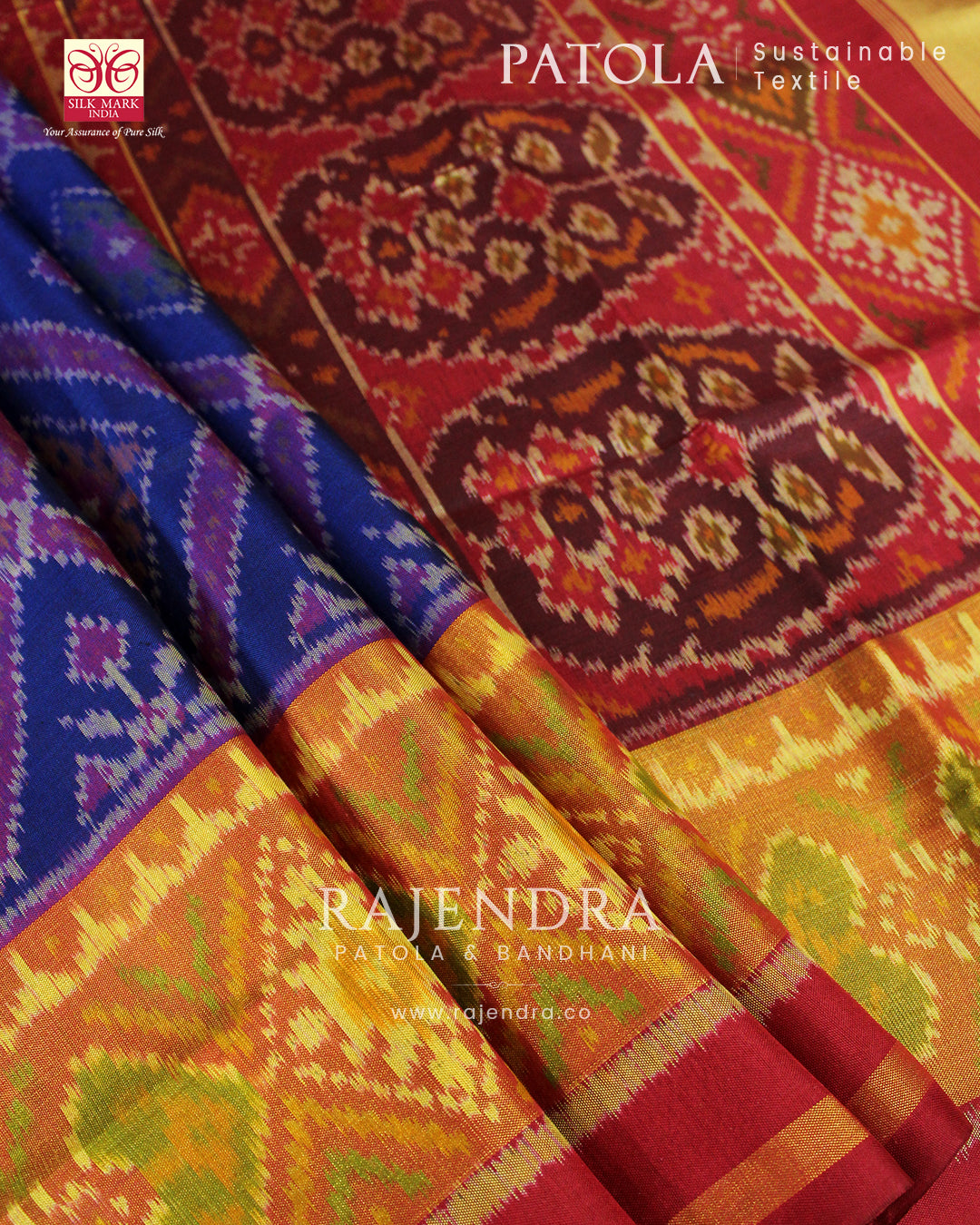 Traditional Chandabhat Red and Blue Single Ikat Rajkot Patola Saree
