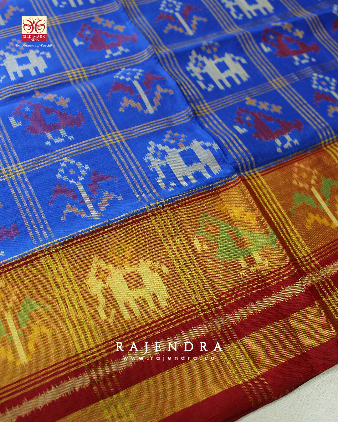 Handwoven Zari Checks Red and Blue Single Ikkat Rajkot Patola Saree