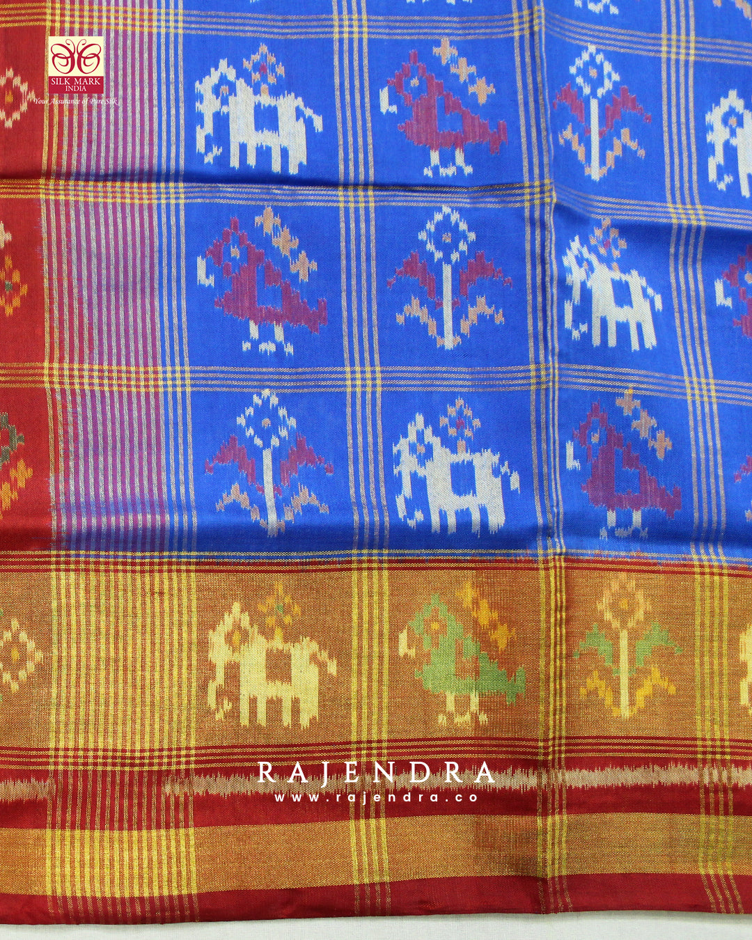 Handwoven Zari Checks Red and Blue Single Ikkat Rajkot Patola Saree