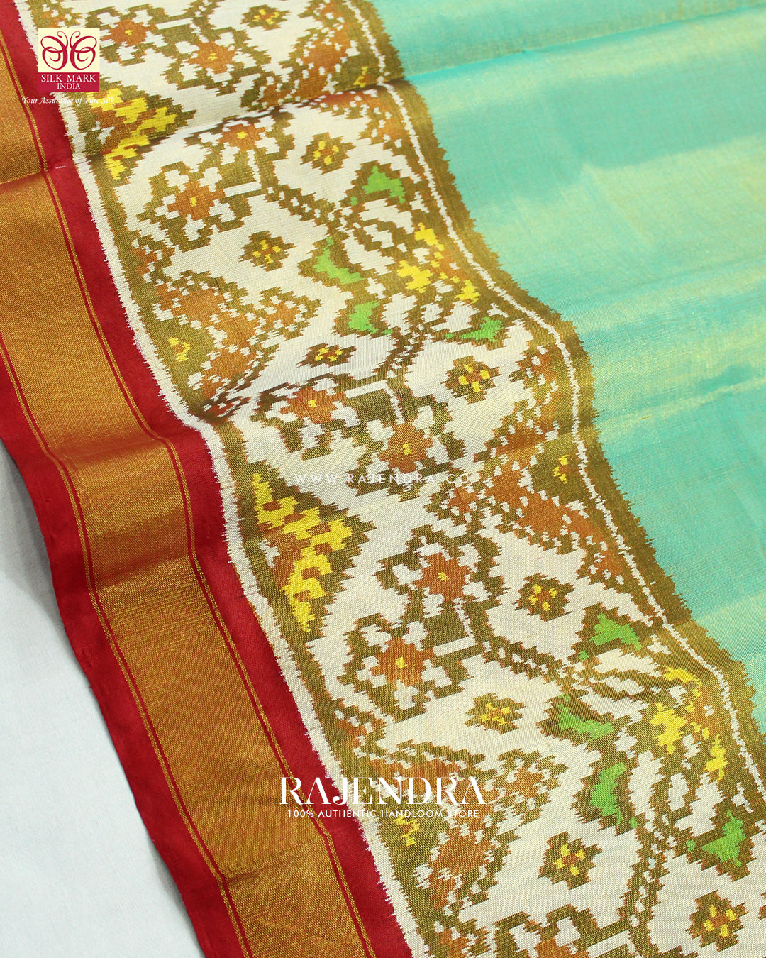 Exclusive Zari Tissue Gala Border Red and Green Rajkot Patola Saree