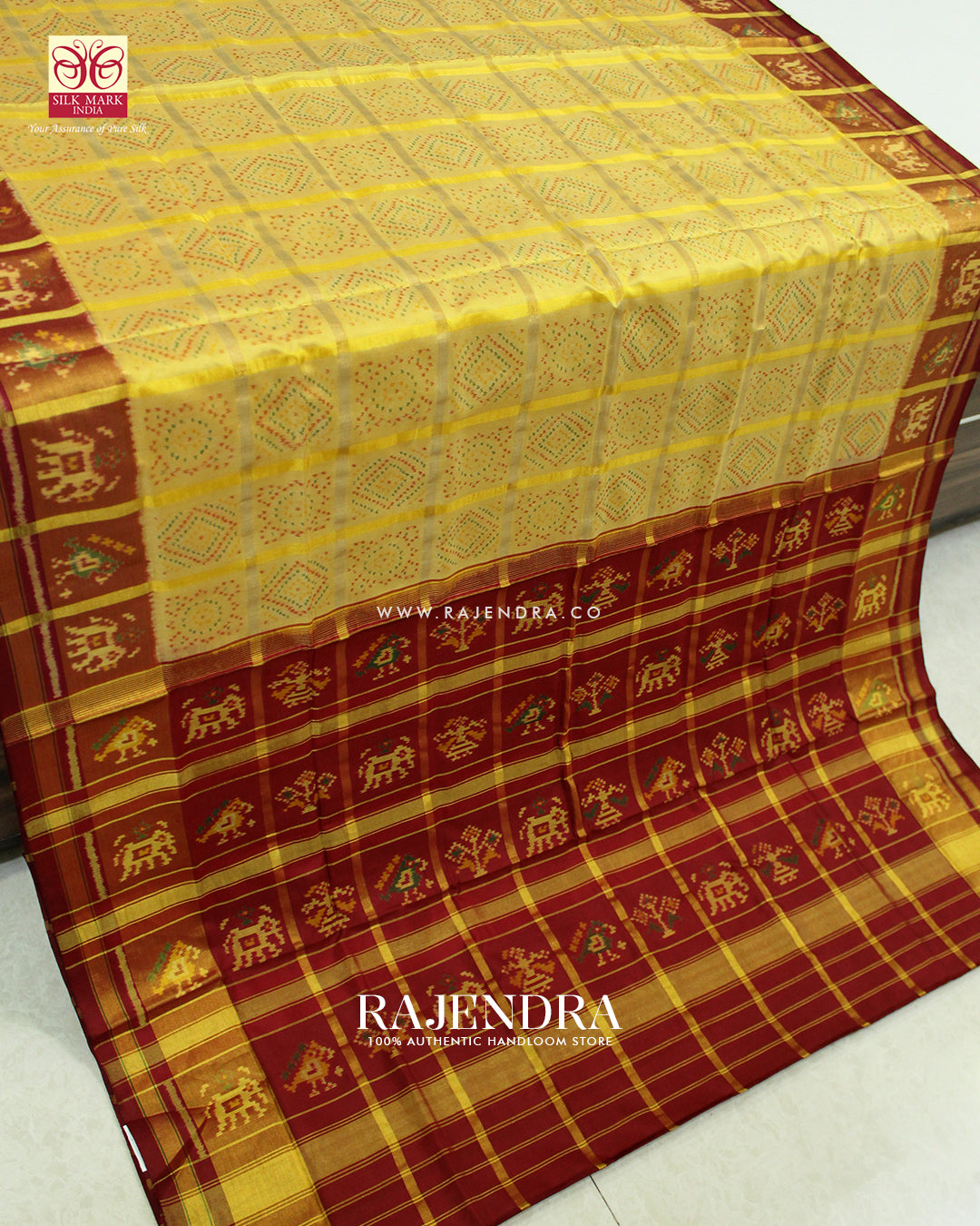 Traditional Bandhani Design Red and Cream Zari Checks Rajkot Patola Saree