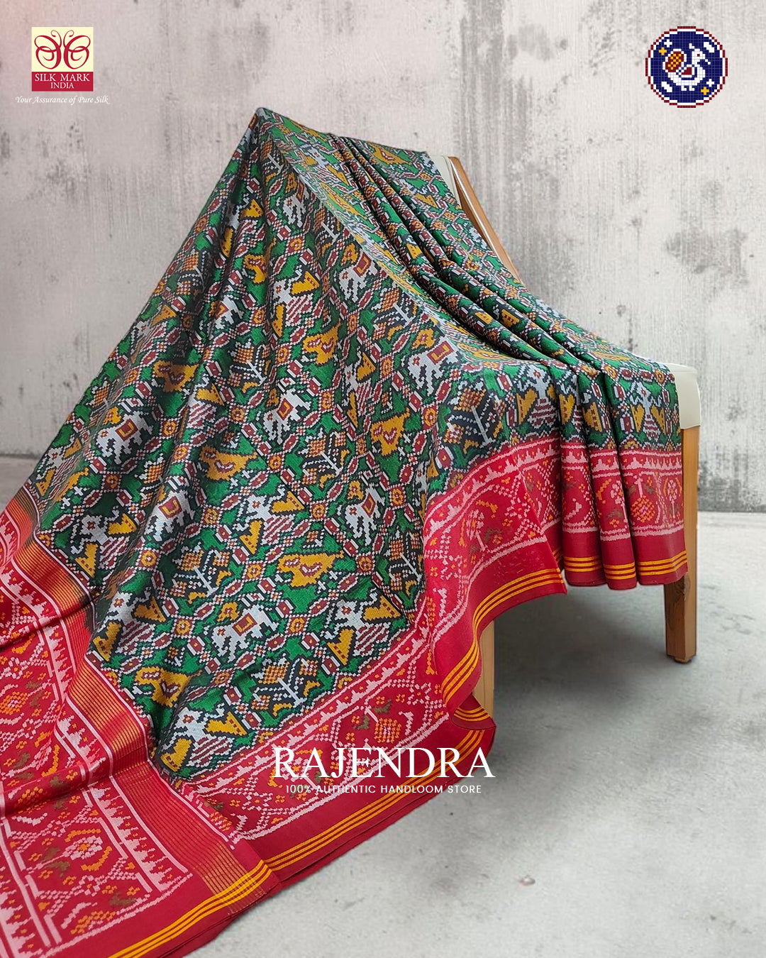 Traditional Hathi Popat Bhat Semi Double Weave Rajkot Patola Saree