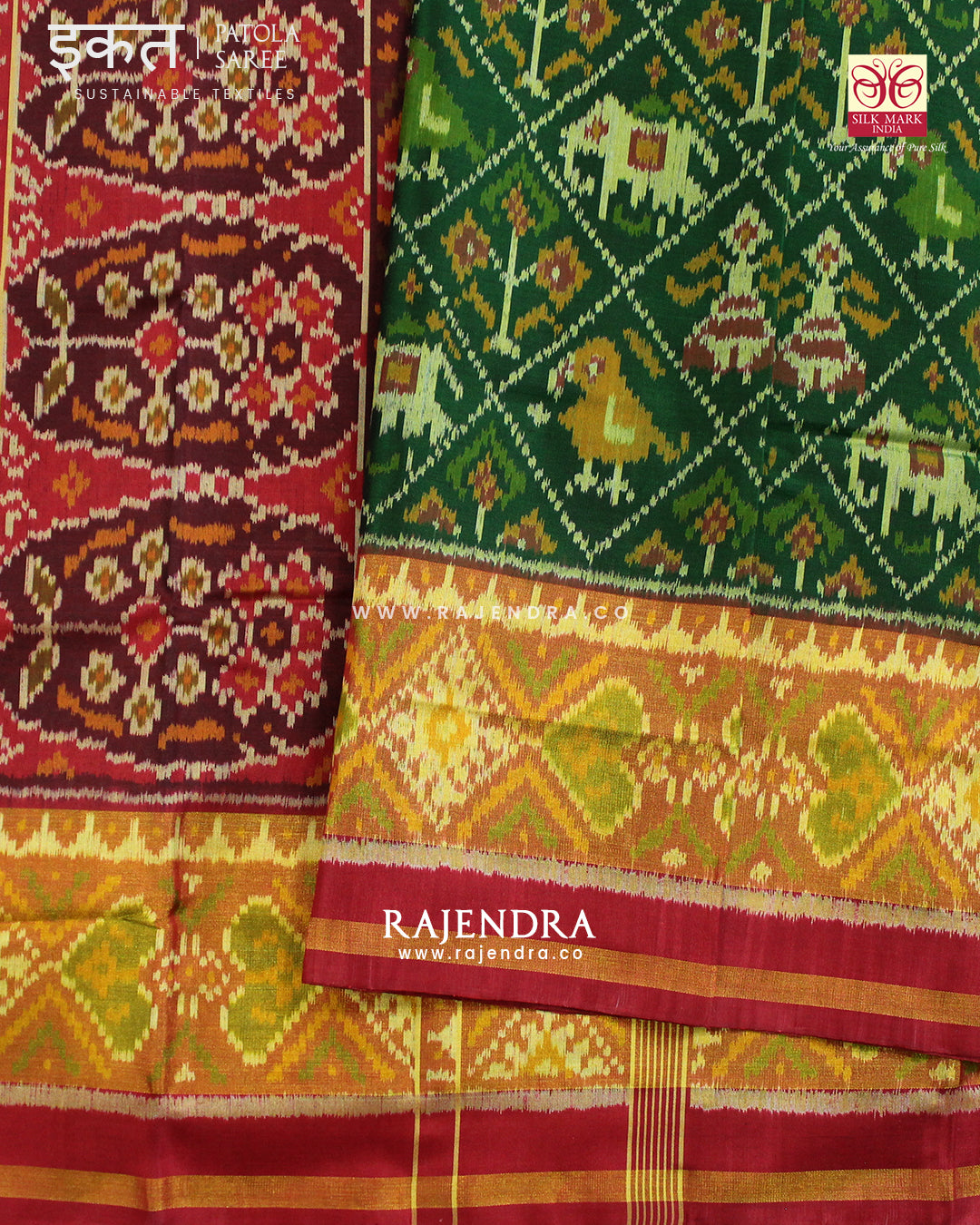 Traditional Elephant and Parrot Motif Red and Green Single Ikat Rajkot Patola Saree