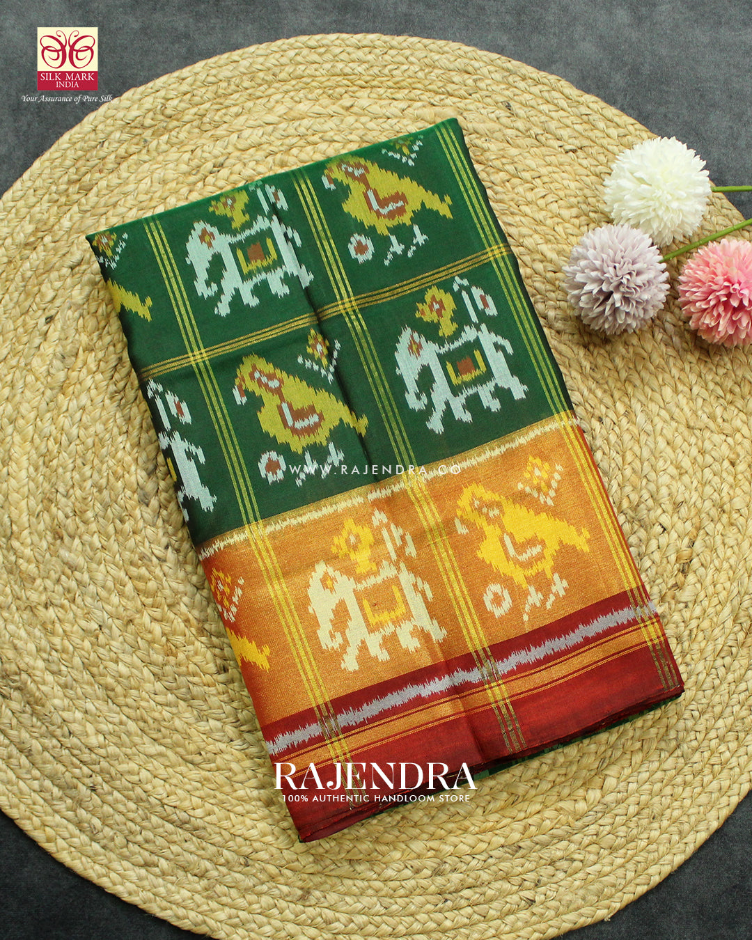 Traditional Hathi Popat Design Zari Checks Red and Green Rajkot Patola Saree