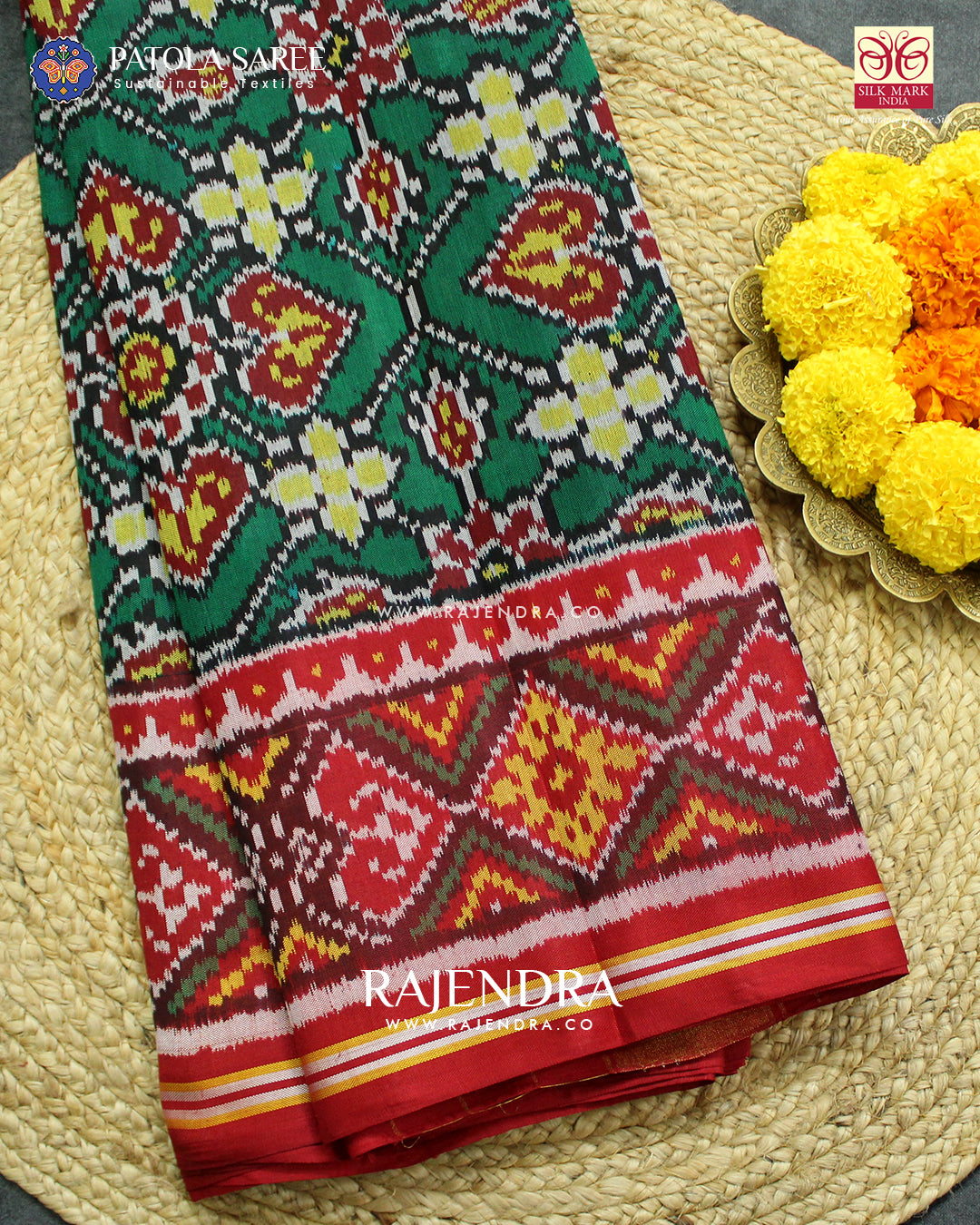 Traditional Manekchowk Design Red and Green Ikat Rajkot Patola Saree