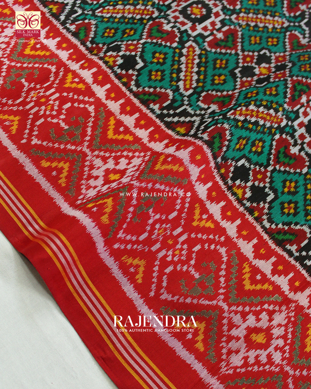 Traditional Manekchowk Design Red and Green Ikat Rajkot Patola Saree