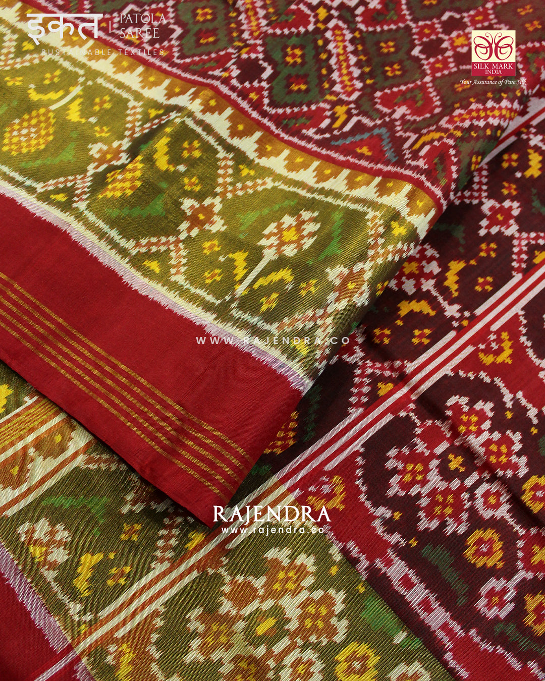 Traditional Manekchowk Bhat Red and Green Single Ikat Rajkot Patola Saree