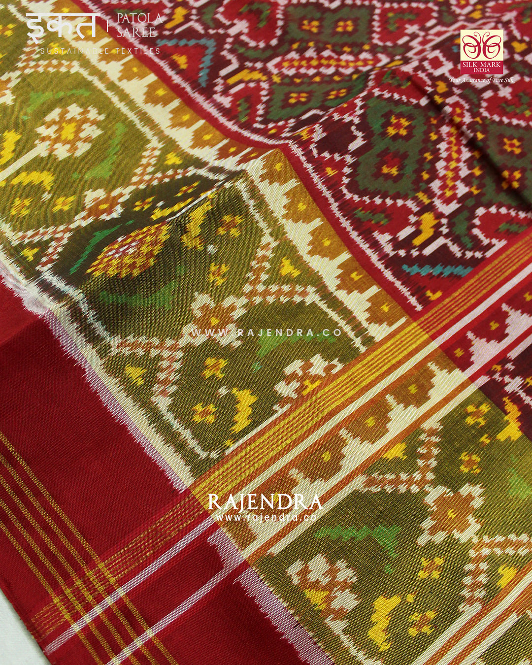 Traditional Manekchowk Bhat Red and Green Single Ikat Rajkot Patola Saree