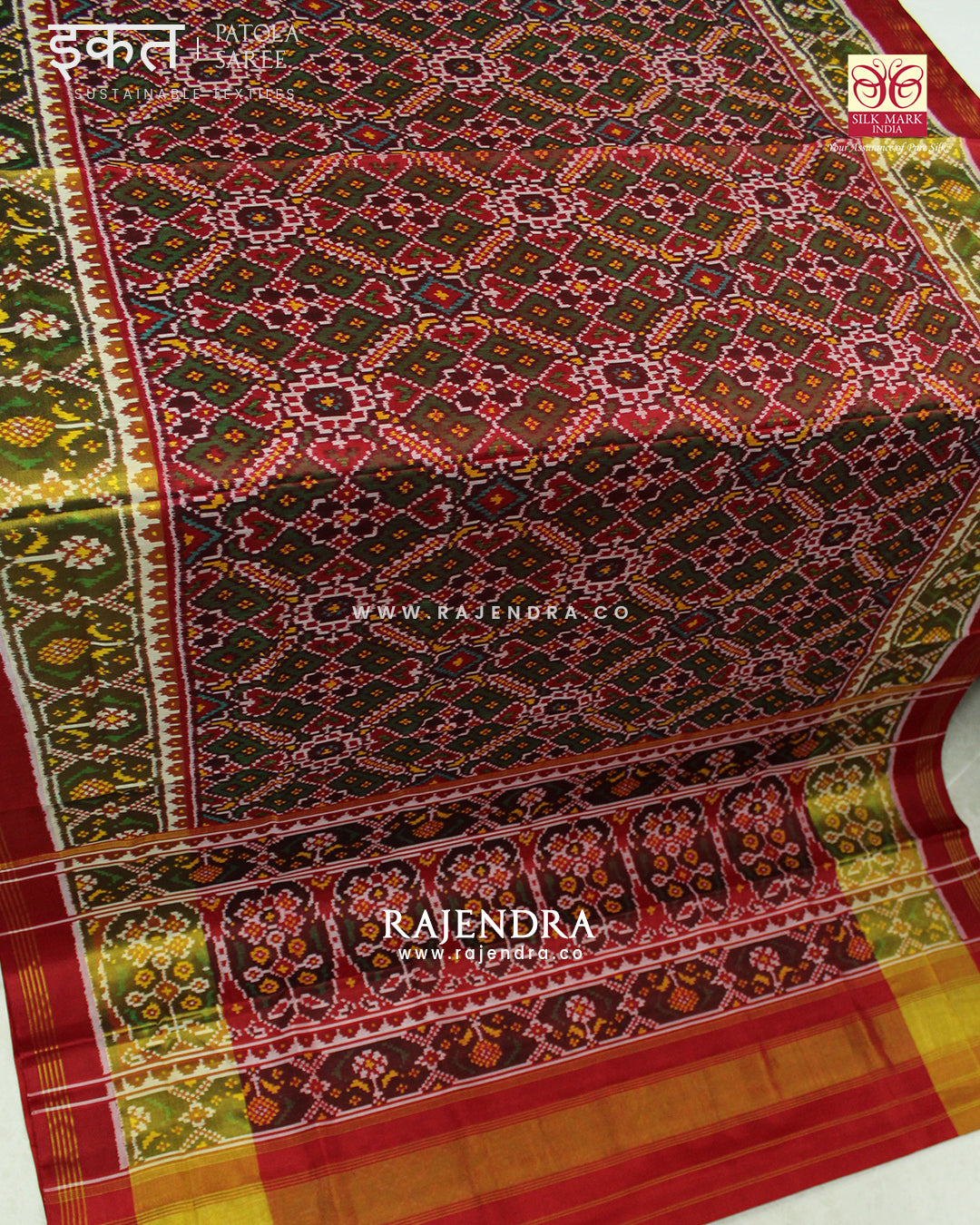Traditional Manekchowk Bhat Red and Green Single Ikat Rajkot Patola Saree