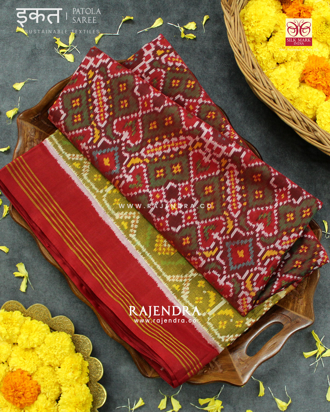 Traditional Manekchowk Bhat Red and Green Single Ikat Rajkot Patola Saree