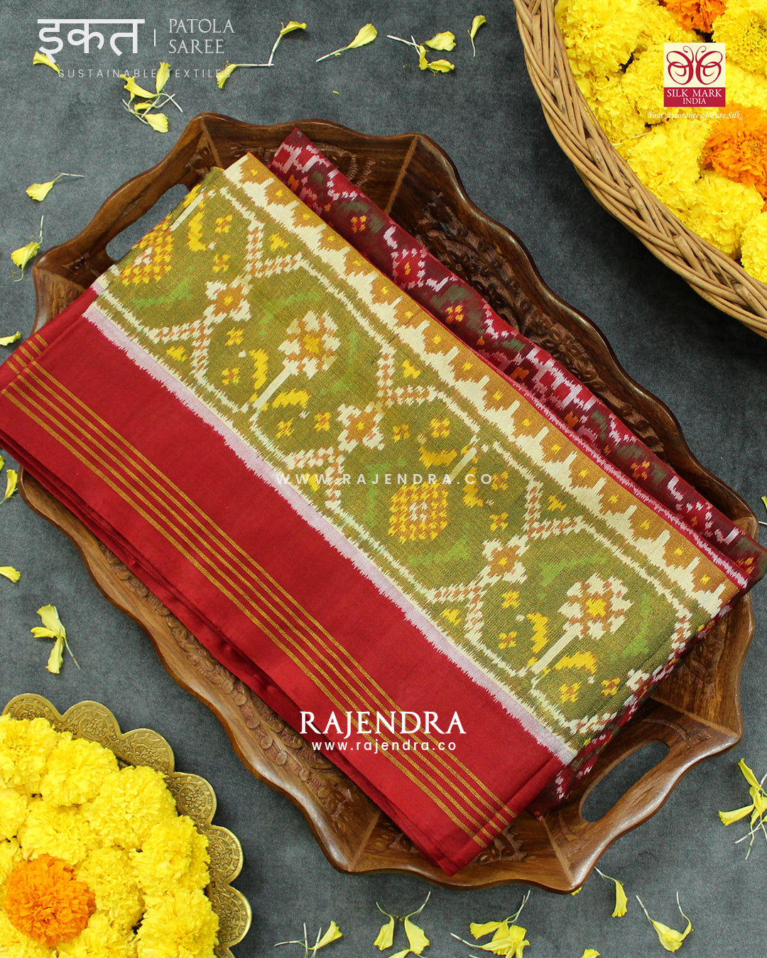 Traditional Manekchowk Bhat Red and Green Single Ikat Rajkot Patola Saree