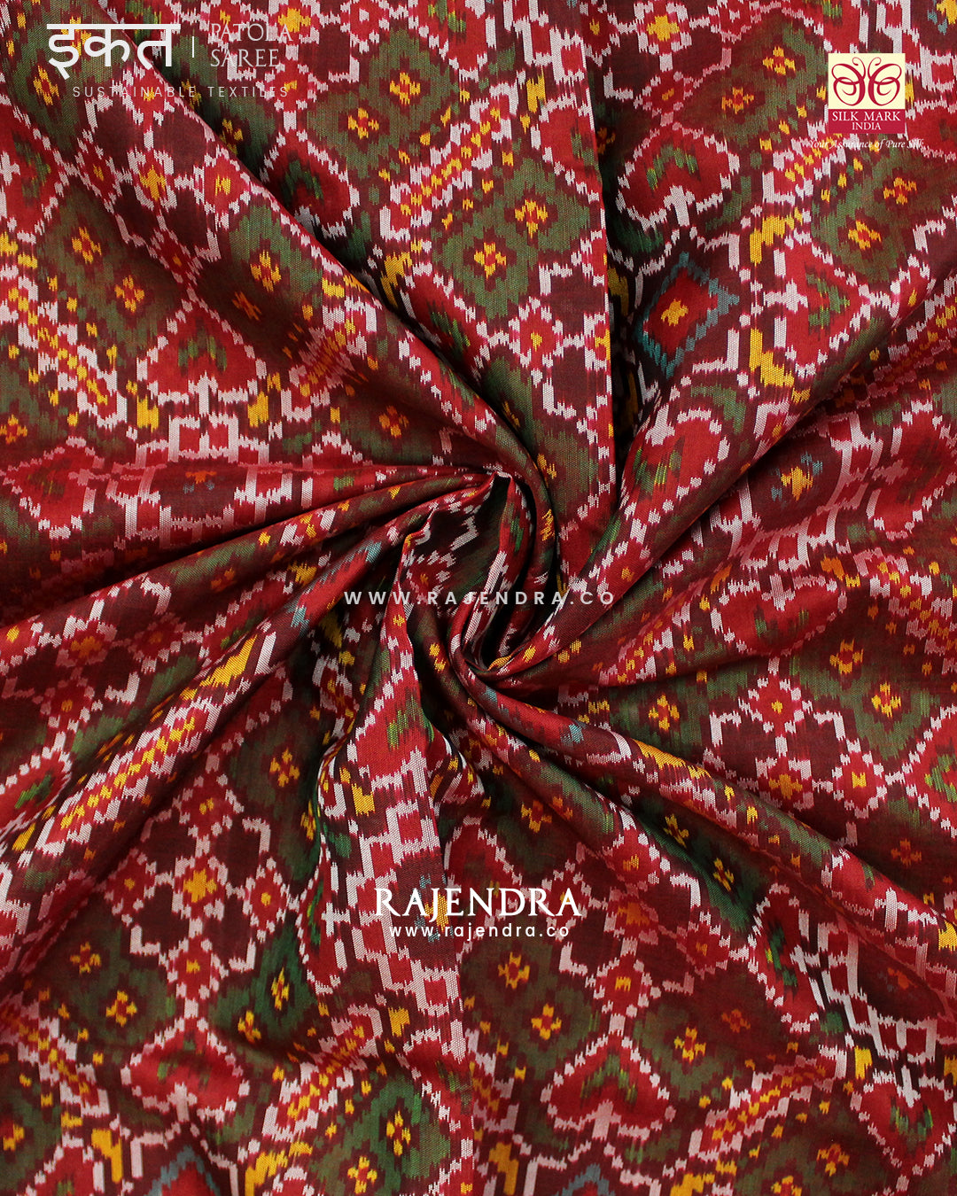 Traditional Manekchowk Bhat Red and Green Single Ikat Rajkot Patola Saree
