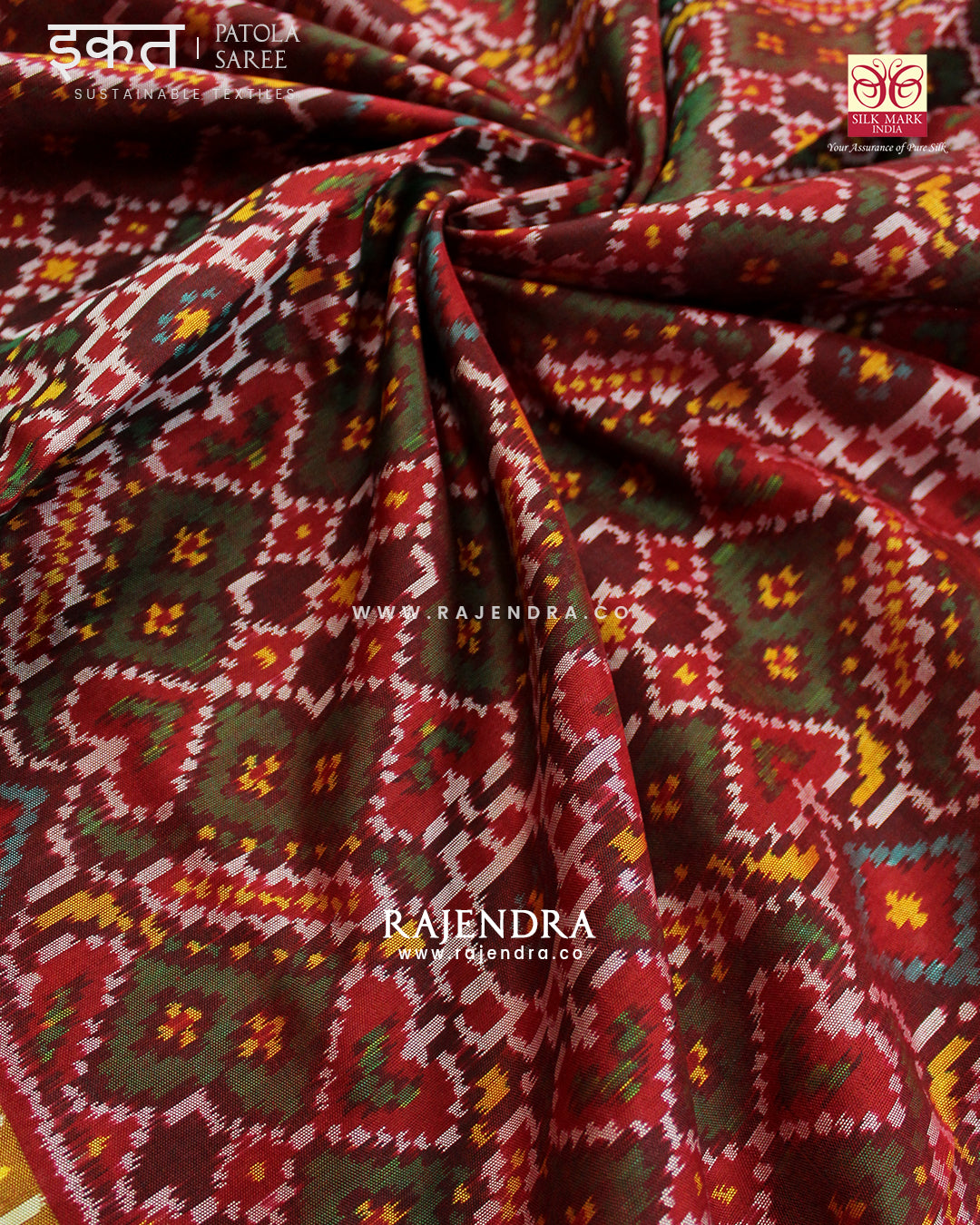 Traditional Manekchowk Bhat Red and Green Single Ikat Rajkot Patola Saree
