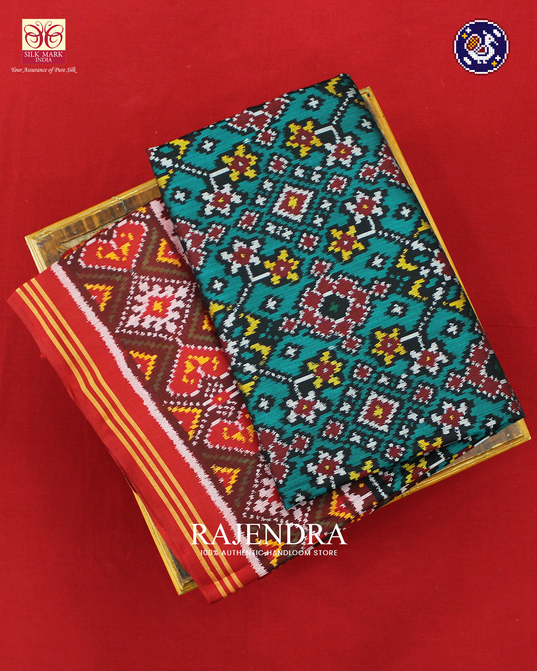 Traditional Navratna Design Red and Green Ikat Rajkot Patola Saree