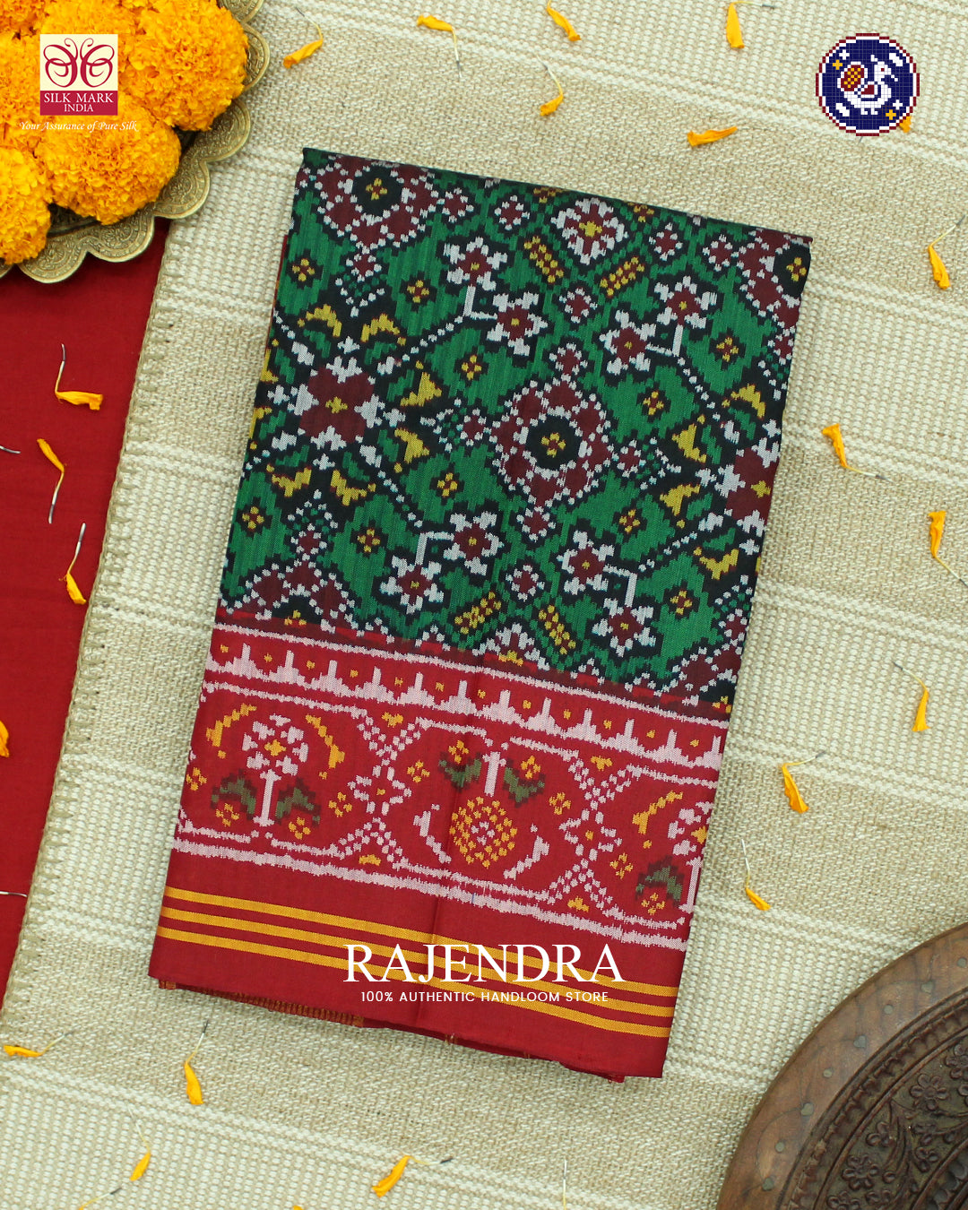 Traditional Navratna Design Red and Green Ikat Rajkot Patola Saree