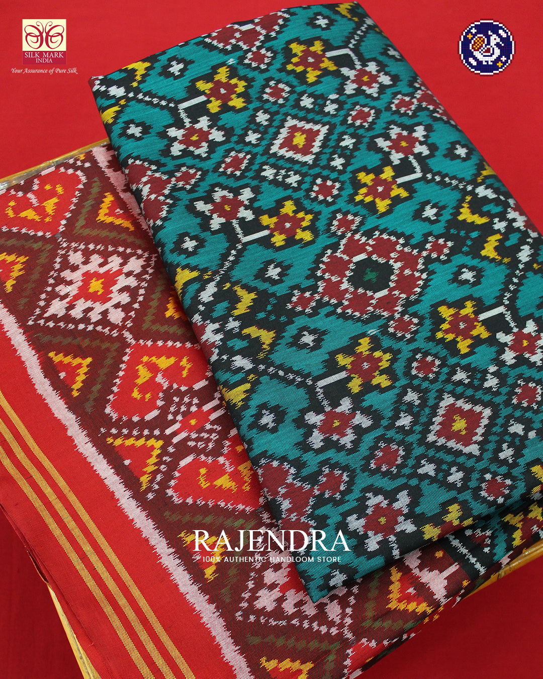 Traditional Navratna Design Red and Green Ikat Rajkot Patola Saree