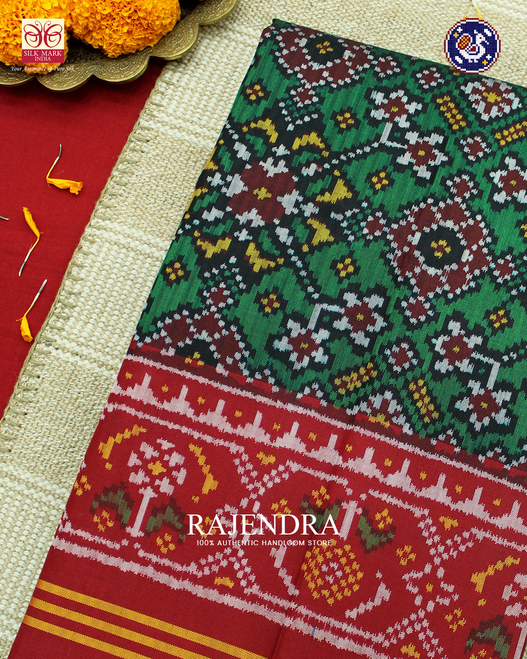 Traditional Navratna Design Red and Green Ikat Rajkot Patola Saree