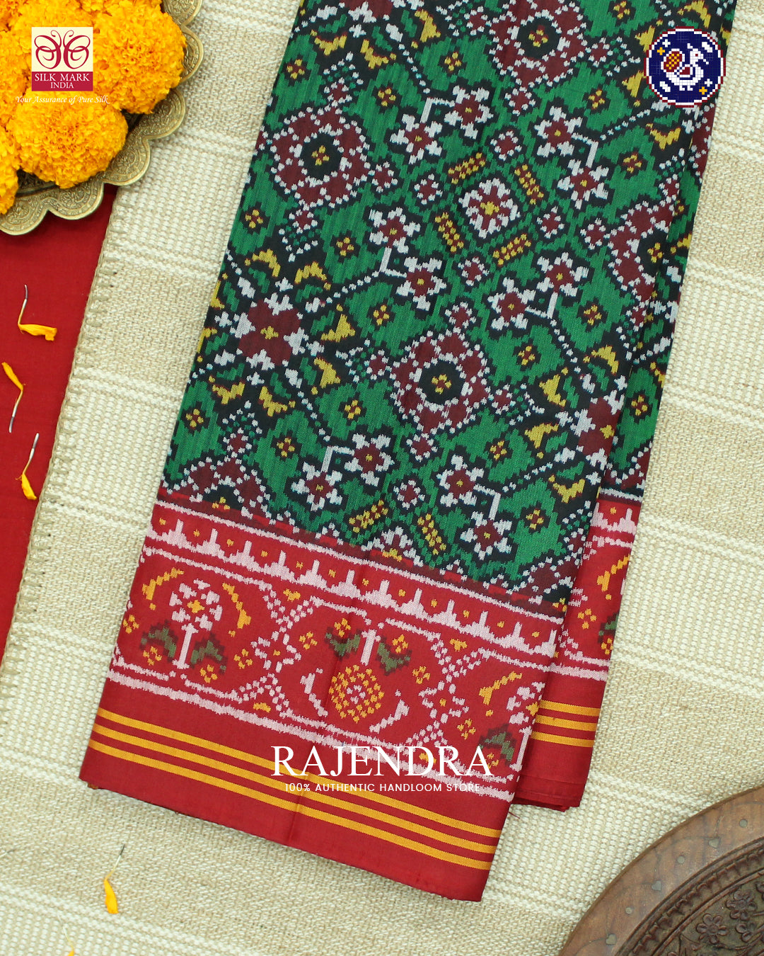 Traditional Navratna Design Red and Green Ikat Rajkot Patola Saree