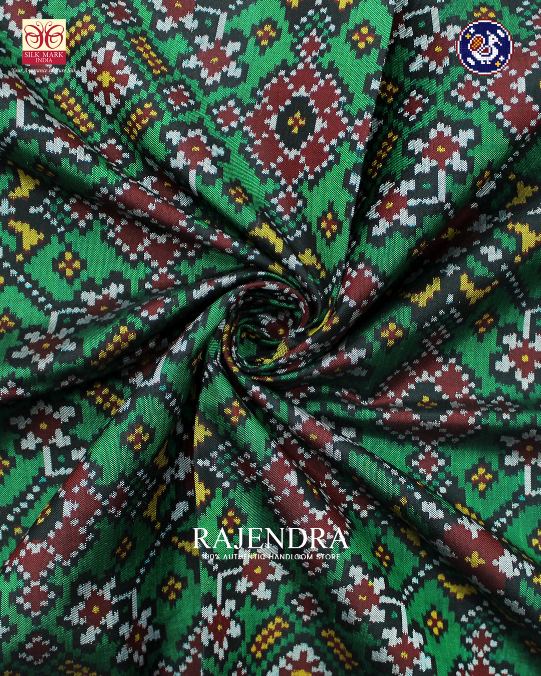 Traditional Navratna Design Red and Green Ikat Rajkot Patola Saree